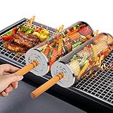 2 Stück Nestendes Rollendes Grillkorb Set mit Holzgriff (30 x 10cm), Grillnetzrohr für Den Außengrill für Gemüse, Edelstahl zylindrische für Outdoor Grill Grillzubehör-Werkzeuge Geschenke für Männer