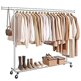 SONGMICS Kleiderständer auf Rollen, Schwerlast-Garderobenständer, ausziehbare Kleiderstange, bis 150 kg belastbar, einfache Montage, transportabel, silbern HSR175E01