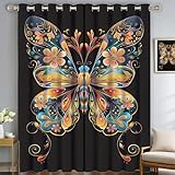CDXNORA Vorhänge Blickdicht Wohnzimmer - Einfachheit Thermovorhang Verdunklungsvorhänge Gardinen Mit Ösen Wohnzimmer,Bunter Schmetterling Ösenvorhang,H175 X B140 cm (2Er Pack)