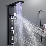 OUGOO Duschpaneel mit Armatur und Ablage, 5 in 1 LED Duschsäule mit Wasserfall & Regendusche, 36 Massagedüsen‌, Handbrause und Wanneneinlauf, Duschpaneele Komplett, Edelstahl Schwarz