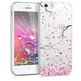 kwmobile Case kompatibel mit Apple iPhone SE (1.Gen 2016) / iPhone 5 / iPhone 5S - Hülle Silikon transparent Kirschblütenblätter Rosa Dunkelbraun Transparent