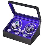 ANWBROAD Uhrenbeweger für Automatikuhren 4 Uhren+6 extra Speicherplätze 4 Drehmodis mit super leisem Mabuchi Automatik Uhrenbeweger Watch Winder Uhrendreher Karbonfaser USB-Aufladung JWW002B
