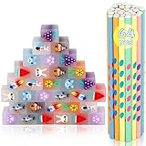 Runxin 64 Bleistifte mit Radiergummi Kinder Set,32 Lustige Radiergummis Kinder + 32 Bleistift Kinder,Stifte Kinder Mitgebsel Kindergeburtstag,Coole schulsachen Jungen und Mädchen