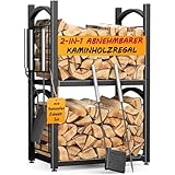 HFHOME Kaminholzregal Innen Brennholzregal Außen 2-in-1, Kaminholzständer für Kaminholz Aufbewahrung, Feuerholzregal 78 x 46 x 32 cm mit Kaminofen Zubehör Schaufel Besen Zange Schürhaken
