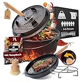 GUSSKÖNIG Dutch Oven Set-Eingebrannter Dutch Oven 7L [3-6 Person]-Feuertopf Gusseisen ohne Füßen-Schmortopf Doppelfunktion-2in1 Deckelheber,Untersetzer,Bürste,DutchOven Rezeptbuch-30 Jahre Garantie