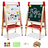 Kindertafel aus Holz mit Papierrolle Doppelseitige Whiteboard und Tafel Kinder Staffelei mit Zahlen und Anderem Zubehör für Kinder und Kleinkinder (T04)