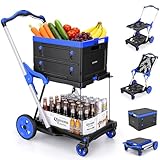 COOCHEER Einkaufswagen Transport-Klappmobil 90kg Traglast, 2 Etagen Kaufstrolley mit Klappbarer Korb, EIN-klick Faltung in 3 Sekunden, Höhenverstellbarer Griff für Supermarkt, Haushalt, Lager & Reise