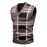 Winter-Strickweste für Herren, ärmellos, V-Ausschnitt, kariert, klassischer Kälteschutz im Winter, bequeme Unterhose, Kaffeebraun, Small