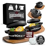 GUSSKÖNIG Dutch Oven Set Mini mit Holz-Untersetzer – 4x 300 ml Gusseisen Mini Topf mit Deckel–eingebrannter Mini Dutch Oven–Mini Cocotte Gusseisen Servierpfännchen–inkl. Pflegepaste–30 Jahre Garantie