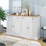 Kehun Sideboard Weiss für Wohnzimmer und Esszimmer, Kommode Schrank Buffetschrank 150 x 86 x 40 cm mit 4 Türen und 2 Stauraum Schubladen, Weiß, Naturholz