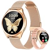 Gold Smartwatch Damen Armbanduhr Rund: Smart Watch Damen Metallarmband mit Telefonfunktion Schrittzähler Schlafmonitor Herzfrequenz Blutdruck Wasserdicht 1,27' Klein Duenn Touchscreen Sport Fitnessuhr