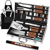 Romanticist 30-teiliges Grillwerkzeug-Set für Männer und Vater, Robustes Edelstahl-Grillutensilien-Set, rutschfestes Grillzubehör-Set mit Thermometer, Matten in Aluminiumkoffer für Reisen, Outdoor,