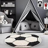 Carpetsale24 Hochflor Kinderteppich Bälle Fußball Form Schwarz und Weiß 100 cm Rund - Runder Teppich Kinderzimmer Langflor Babyteppich Spielteppich für Junge und Mädchen Extra Weich und Antiallergen