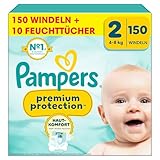Pampers Premium Protection Größe 2, Windeln, 4kg-8kg, Doppelter Schutz für die Haut und vor Auslaufen +10 Stück Pampers Aqua Baby-Feuchttücher enthalten