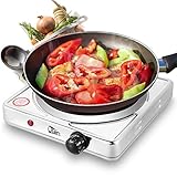 Uten Kochplatte Elektrische, Einzeln Kochplatten edelstahl, 1500W(1X18.5cm), 5Leistungsstufen Mobile Stove für Reise und Camping, stufenlos regelbare Thermostate, Überhitzungsschutz, Gusseisen, Silber