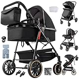 Aveainelle 3 in 1 Baby Reisesystem mit Anti-Shake Stubenwagen, Cabrio Kinderwagen und Babywanne, Hochsicht, Stoßdämpfung, Aluminiumrahmen, für Geburt bis 36 Monate (Schwarz)