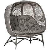 Outsunny Gartenstuhl 2-Sitzer, Korb-Stuhl mit Faltbarem Korb, Papasansessel mit Kissen, Loungesessel für Balkon, Terrasse, Stahl, Sand, 126 x 75 x 142 cm