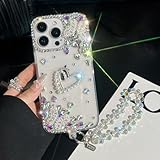 CrazyLemon für iPhone 16 Pro Schutzhülle Glitzer Sparkle 3D Herz Schmetterling Strasssteine Design mit Tragegurt Armband Kette Stoßfeste Frauen Mädchen Hülle - Transparent
