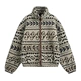 Herrenjacken - Herren Freizeitjacke Ethnischer Jacquard Fleece Stehkragen Offene Vorderseite Kurz Weit Warmer Herbst Winter Mantel (Braun M)