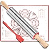 KERYCHIN Nudelholz aus Edelstahl + Silikon Backmatte + Backpinsel Set, Teigroller mit Griffen, Wartungsfrei, Einfach zu Säubern, Antihaft Roller für Teig/Fondant/Pizza/Plätzchen/Torten, 43,3cm, Rot