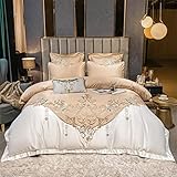 EDDGE Bettbezug-Set aus Satin-Baumwolle, Stickerei, Patchwork-Bettwäsche-Set, Bettlaken, Kissenbezüge aus seidiger, weicher Baumwolle (Color : A, Size : Queen Size 4Pcs)