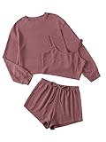 GORGLITTER Damen 3-teilige Set Loungewear Pyjama Sets mit Langarmshirt Camitop und Short Schlafanzug Hausanzug Tranining Kombine Set Grau-Rosa S