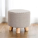 Fußbank Make-up Hocker Schuhhocker Vila Hocker Runde Fußbank Leinen Fußbank mit Holzbeinen für das Schlafzimmer für das Wohnzimmer, Kariert-28x28x25cm