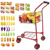deAO 47 PCS Kinder Einkaufswagen Metall mit Essen Früchte Spielen,Kleiner Supermarktwagen Spielset Küche Spielzeug Set,Kinder-Einkaufskorb Lernspielzeug Geschenk ab 3 Jahren (Red)