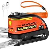 ZEXMTE Bremsscheibenschloss, Wiederaufladbar Motorrad Schloss Alarm 120dB mit 1.8M Rückrufkabel,Verstärkt, Wasserdicht Hochsicherheits Scheibenbremse für Moto, Fahrrad, Scooter, Schwarz