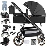 Oubeauou Baby Travel System 3 in 1 mit Anti-Shake Stubenwagen, Cabrio Kinderwagen und Babywanne, Hochsicht, Stoßdämpfung, Aluminiumrahmen, für Geburt bis 36 Monate (Schwarz)