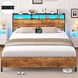 Brinlawb Bett 120x200cm mit LED Beleuchtung und 2 USB+2 AC Steckdose Metallbett Bettgestell 120x200 mit Metallrahmen &Holzkopfteil mit Stauraum, Bettrahmen Doppelbett Robust und Stabil Leichte Montage