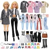 16 Kleidung Kompatibel mit Barbie Puppen, 3 Stilvolles Karo Mantel Set 2 Party Kleider 1 Kurzarm Hose Set 1 Bag 1 Halszubehör 2 Brillen 1 Stiefel 5 Shoes für 11.5 Zoll Mädchen Puppen Zufällig