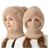 Generisch Sturmhaube Damen Wintermütze Thermo Mütze Plüsch Balaclava Schalmütze 3-In-1 Strickmütze Mit Schal Gesichtsmaske Winter Skimaske Fleecegefüttert Winddicht Kapuzenschal Freien Täglich