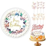 22 Stück Schmetterlinge Torten Deko, Torten Deko Mädchen, Tortenaufleger Geburtstag, tortendeko Geburtstag Essbar, Rund 20 cm - Esspapier Tortendeko - Cake Decoration