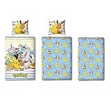 Pokemon Bettwäsche Set 3-teilig 135x200 80x80 cm mit Spannbettlaken 90x200 cm · Pokémon Pikachu hell-blau · Kinder-Bettwäsche 100% Baumwolle Linon · mit Reißverschluss