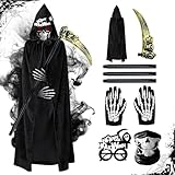 Cheloveer 6PCS Sensenmann Kostüm, Sensenmann Kostüm Kinder, Grim Reaper Costume, Sensenmann Kostüm Herren, Sensenmann Kostüm Erwachsene, Halloween Kostüm Sensenmann für Cosplay Halloween Party