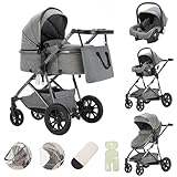 Zkiprm Kinderwagen 3 in 1 mit Autositz-Kombination, verstellbarer Griff Buggy Aluminium Rahmen hohe Landschaft Moskitonetz/regen Abdeckung/Mama Tasche enthalten, geeignet für Neugeborene 0-3 Jahre alt