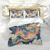 MOKOSAISE Cartoon Anime Style Bettwäsche Set 3 Stück Japanisches Ukiyo-e Dragon und White Cloud Bettwäsche Set mit 2 Kissen Shams Reißverschluss & 4 Krawatten 210 x 210 cm