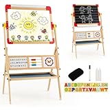 HOMASIS 3 in 1 Kindertafel doppelseitig, Holz Staffelei mit Kreidetafel, magnetischen Whiteboard & Papierrolle, Kinderstaffelei 360°drehbar mit Abakus, Alphabet & Uhr, Maltafel für Kinder ab 3 Jahren
