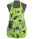 SNAGAROG Gartenschürze Oxford Gartengeräteschürze Verstellbar Gartenschürze mit Mehrfach Taschen Grüner Druck Schürze für Kochen, Gartenarbeit, Basteln - 61 * 60CM
