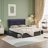 PerGar Polsterbett Doppelbett 160x200 cm, Stauraumbett Jugendbett mit Lattenrost aus Holz, LED Beleuchtungsleiste Bettgestell mit 4 Stauraum Schubladen, Funktionsbett, Leinen, Dunkelgrau