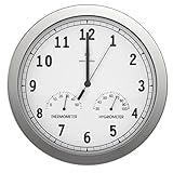 bonVIVO Funk Wanduhr ohne Tickgeräusche - Große Küchenuhr - Funkuhr für Wand in Bad, Büro, Home Office, Wohnzimmer - Lautlos - Mit Luftfeuchtigkeit & Temperaturanzeige (30,5 cm, Weiß/Silber)