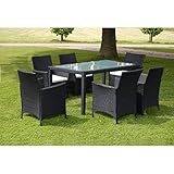 homiuse 7 Stück 150x90x75 cm Garten Essgruppe mit Auflagen Geschirrset Lounge Stühle Balkonmöbel Set Lounge Gartenmöbel Set Balkon Möbel Esstisch 1 Tisch 6 Rattan Stühle 6 Sitzpolster Schwarz