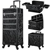 Kosmetikkoffer Trolley 4-in-1 Kosmetikkoffer Groß Kosmetik Trolley Make up Koffer Schminkkoffer mit Rollen Friseurkoffer Alu Beauty Case Nagelkoffer Multikoffer,Alpenschwarz