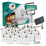 KURGLAS Schröpfgläser aus stabilem Kunststoff [24 Stück] - Schröpfglas mit Vakuumpumpe & Faszienschaber - Schröpfen mit starker Saugleistung - Schröpfset mit e-Book - Gegen Verspannungen & Cellulite