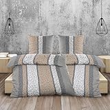 Casa Colori Biber Bettwäsche 135x200 cm | 4tlg. | 100% Baumwolle | Beige Grau Gestreift