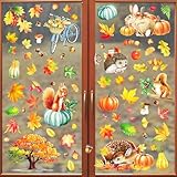 QIURUYUE 9 Blättern Herbst Fensterbilder Selbstklebend, 84 Stück Thanksgiving Herbstdeko Fenster Aufkleber Ohne Kleber, Ahornblätter Kürbis Kleintiere Fensterdeko Herbst für Kinderzimmer Cafe