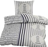 KH-Haushaltshandel 2-TLG. Seersucker Bettwäsche, 135x200 +80x80cm, grau weiß, maritim, Leuchturm, bügelfrei (60392)