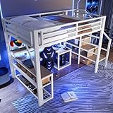 ZIDEY Hochbett Metall, 140 x 200 mit LED & USB-Anschluss & Treppe & Schreibtisch, Kinderbett Etagenbett mit Sicherheitsgeländer, Stockbett, Einzelbett, Bettgestell, Ohne Matratze, Weiß