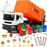 Joellfuner Müllauto Spielzeug, Müllsammelfahrzeug mit 4 Behältern, Trash Vehicle mit Sound und Licht, Müll-Recycling-Truck Spielzeug, Müllwagen Geburtstag ab 3 Jahre Kinder Junge und Mädchen (Orange)